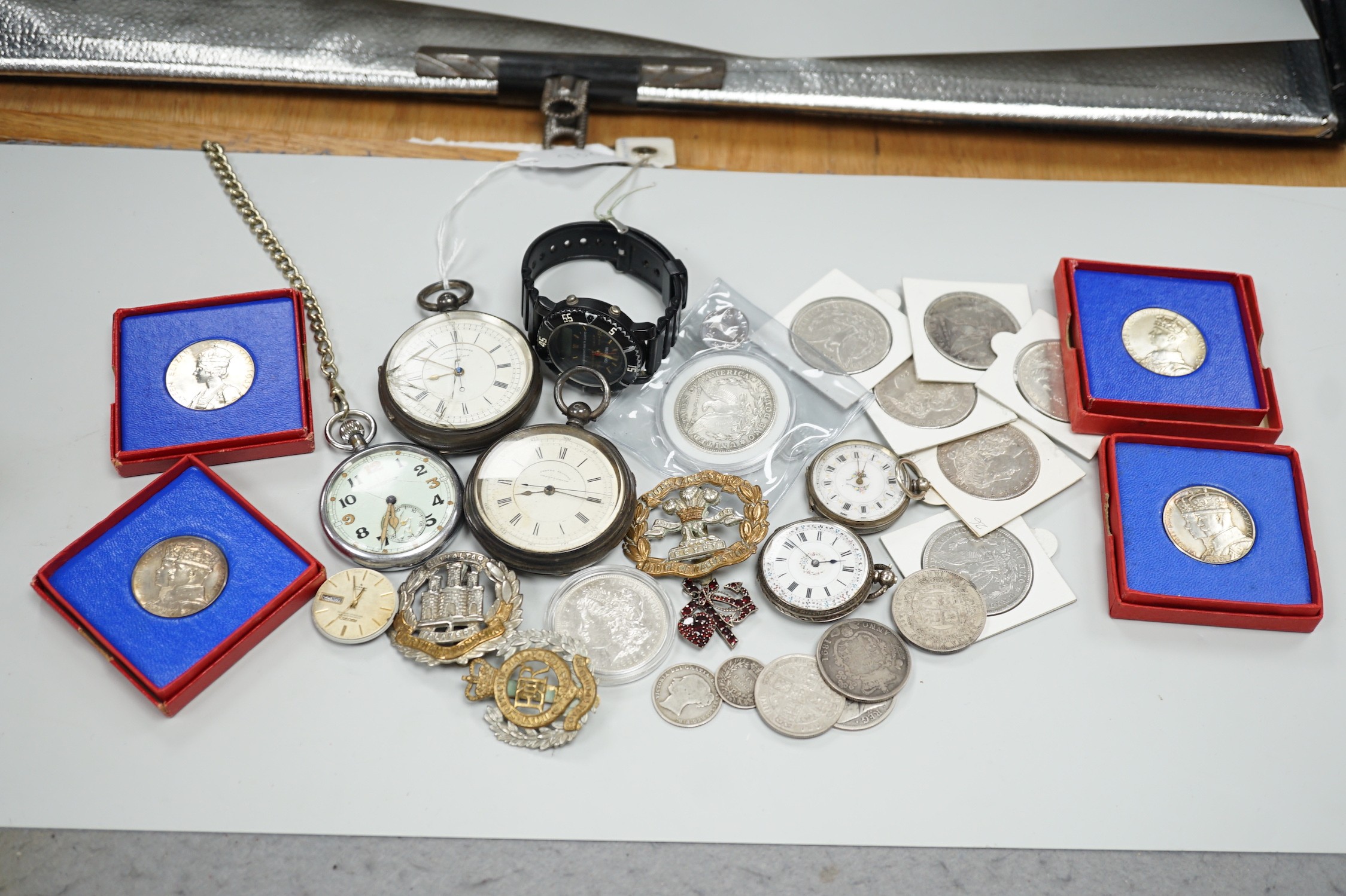 Assorted collectable items, including two silver open faced chronograph pocket watch, a chrome cased military Jaeger LeCoultre pocket watch, two wrist watches, two fob watches, assorted coins including US dollars, cap ba